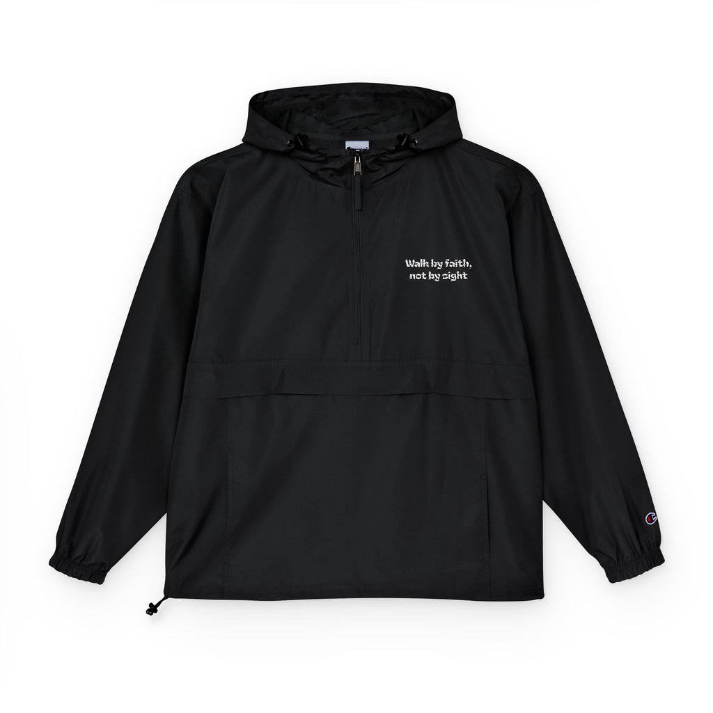 Champion Packable Anorak Jacket — Black Lightweight Windbreaker with Subtle Chest Logo