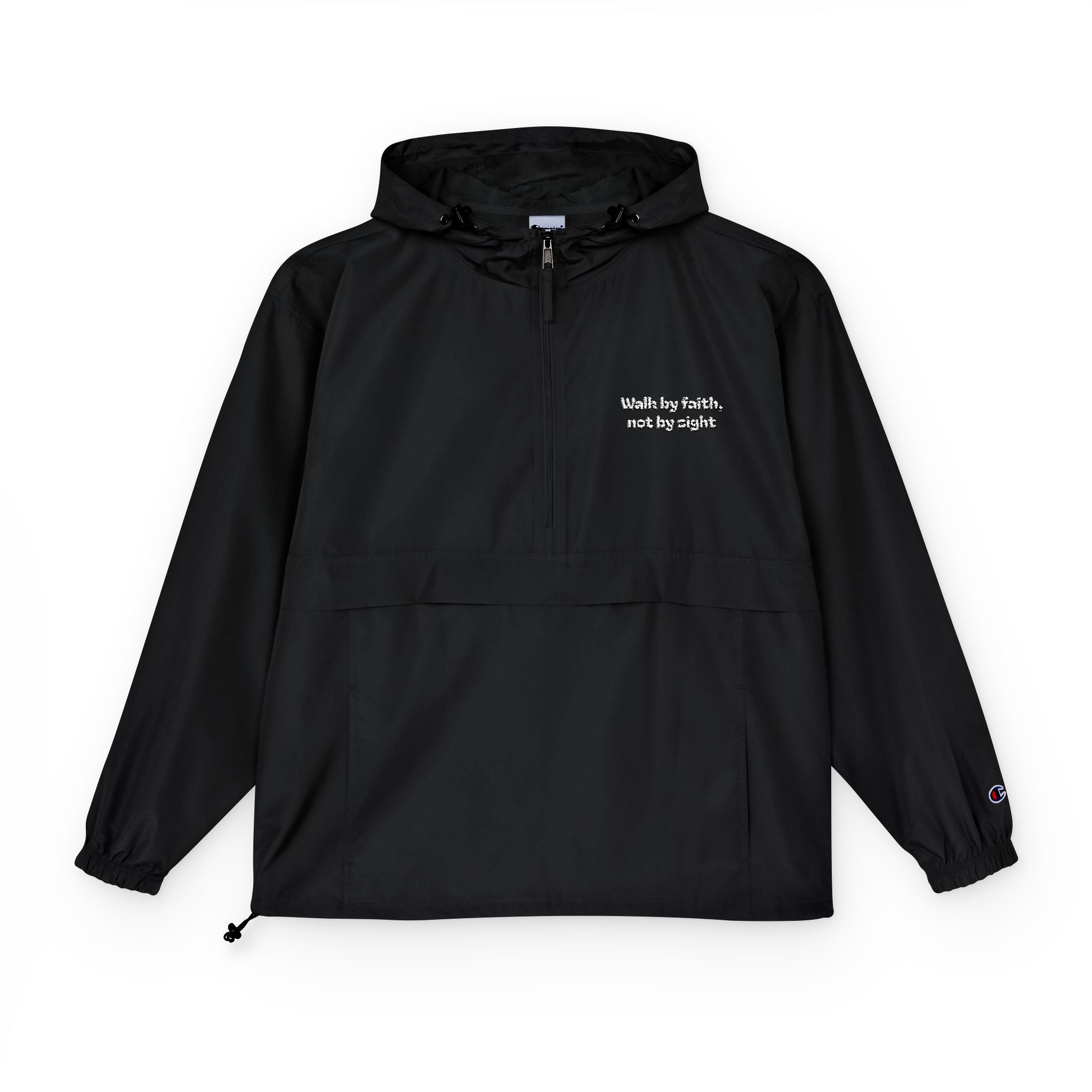 Champion Packable Anorak Jacket — Black Lightweight Windbreaker with Subtle Chest Logo