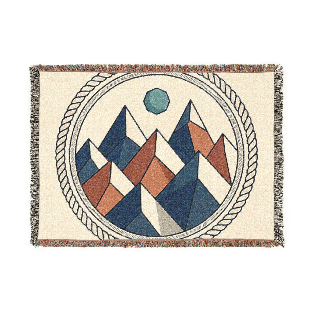 Geometric Mountain Woven Blanket – Boho Cabin Throw with Circular Rope Frame