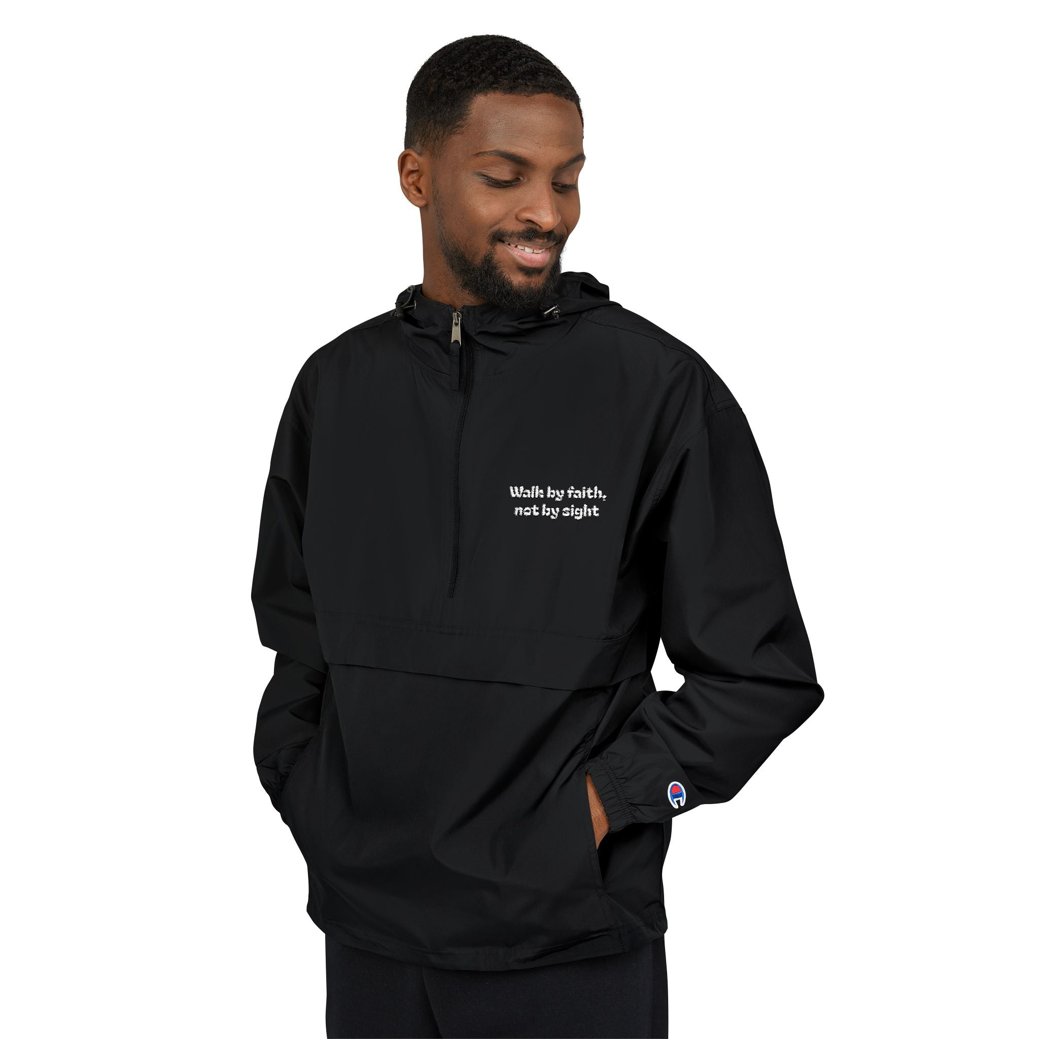 Champion Packable Anorak Jacket — Black Lightweight Windbreaker with Subtle Chest Logo