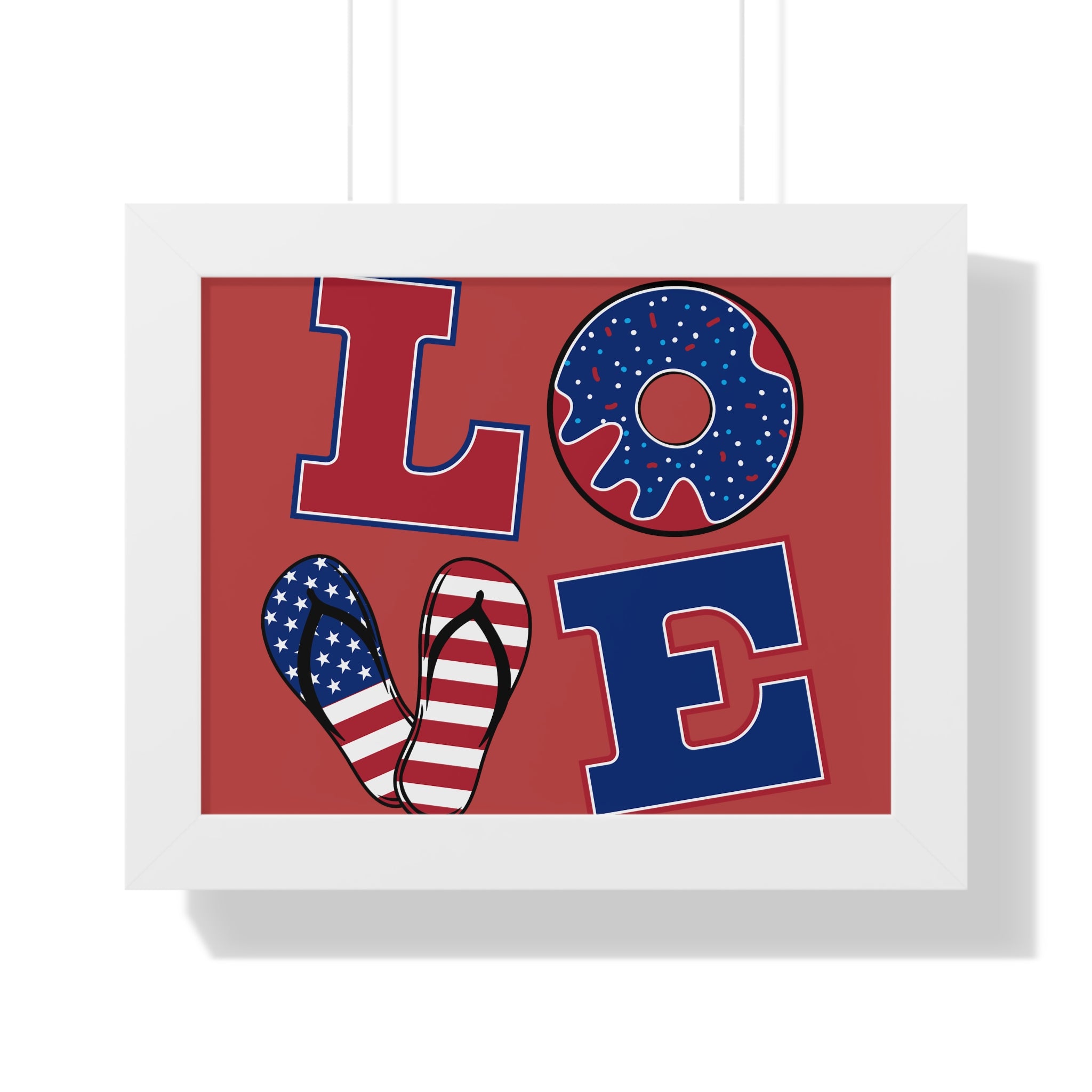 Patriotic LOVE Framed Poster – Americana Flag Flip-Flop & Donut Wall Art