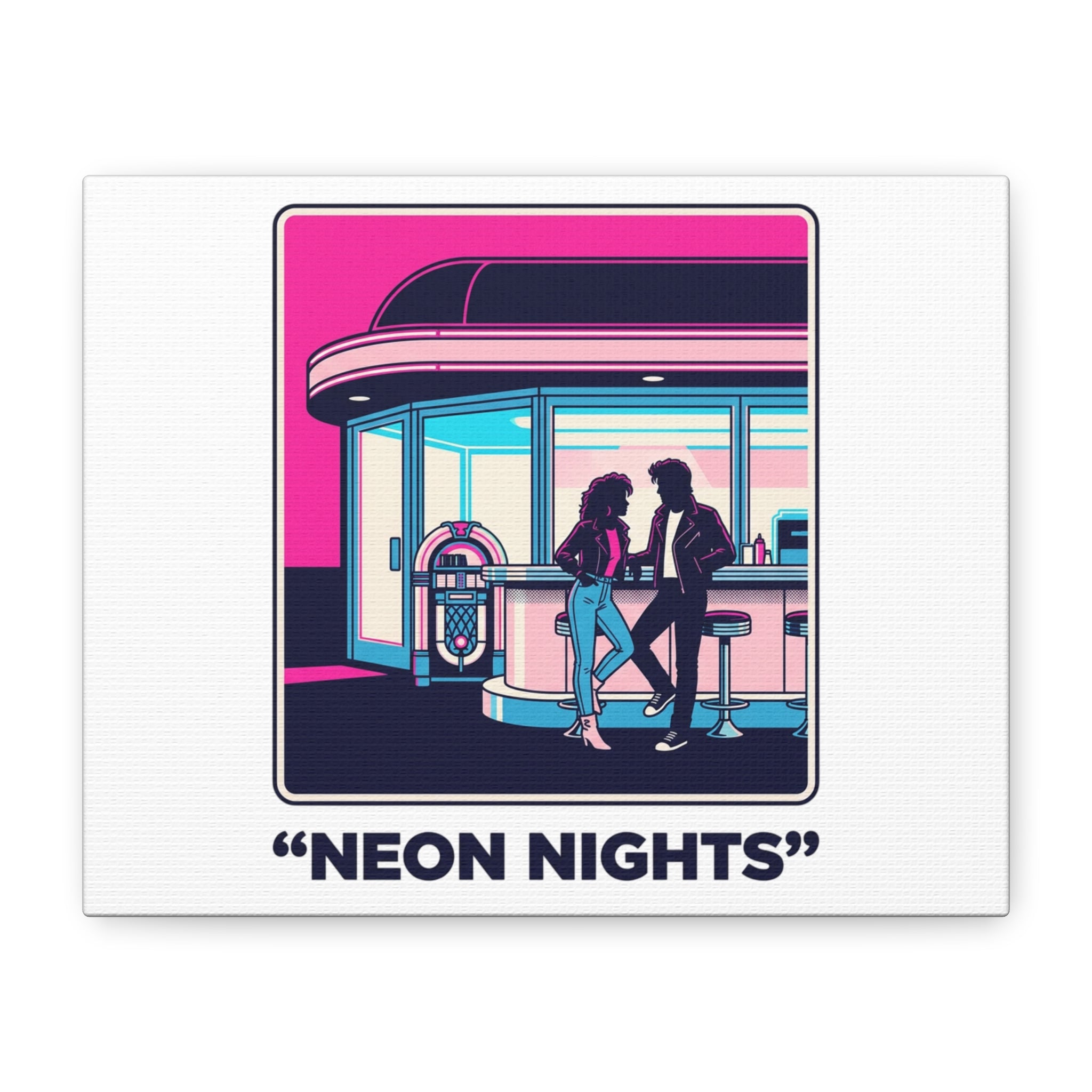 Neon Nights Diner Canvas Print — Retro 80s Couple Wall Art