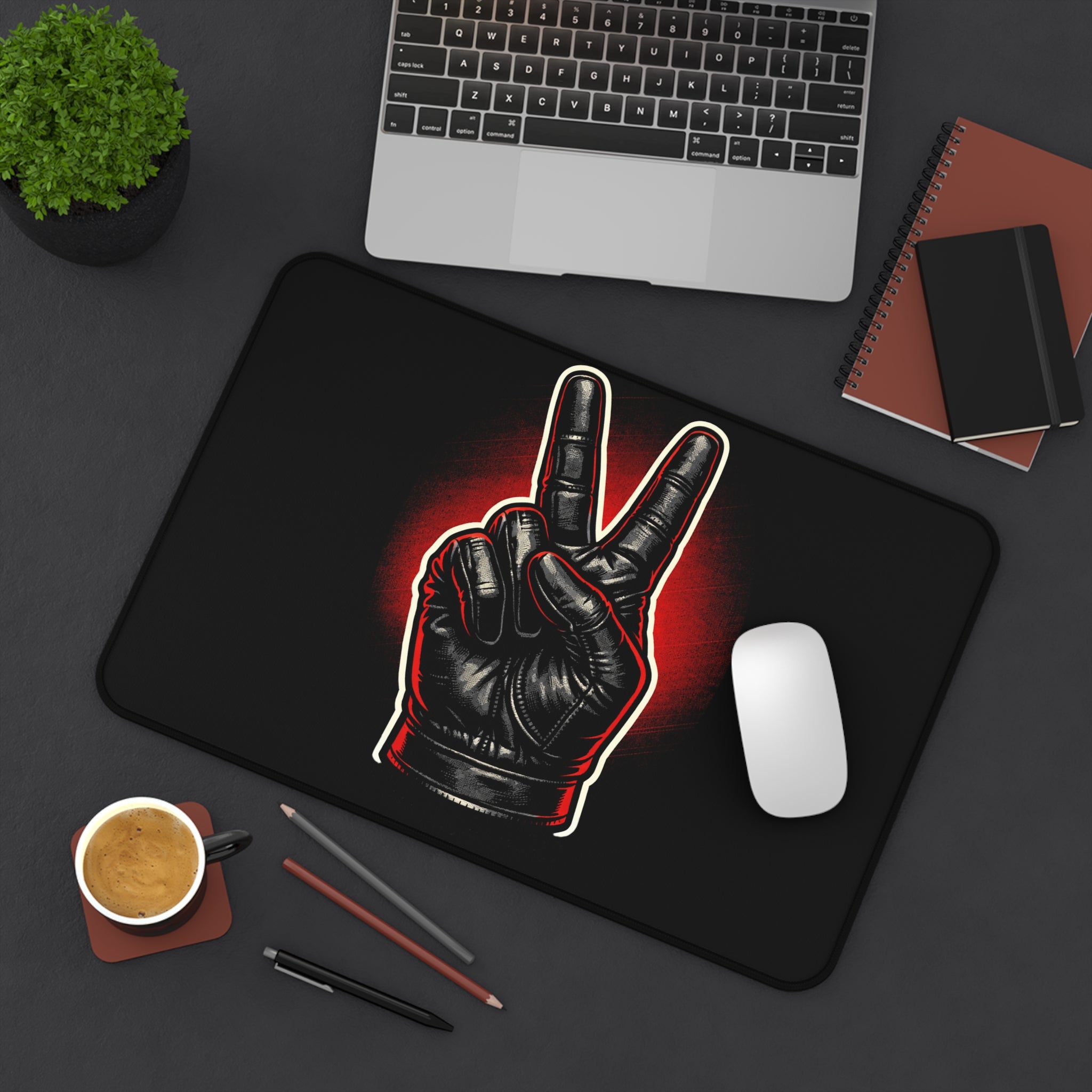 Leather Glove Peace Sign Desk Mat — Black Red Gamer Mousepad