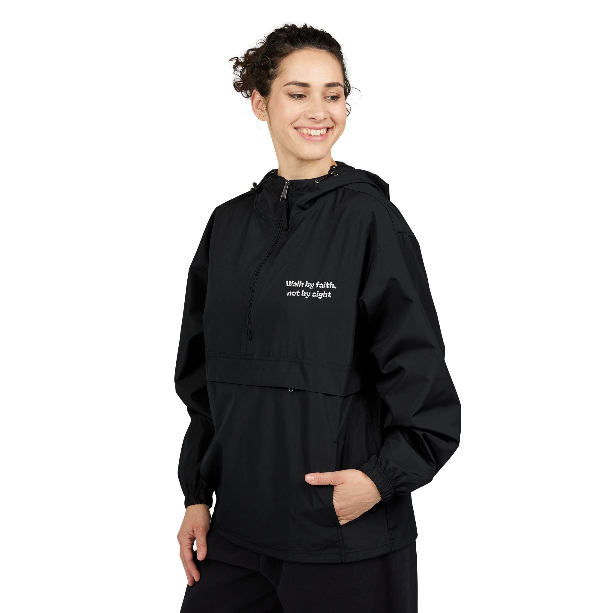 Champion Packable Anorak Jacket — Black Lightweight Windbreaker with Subtle Chest Logo