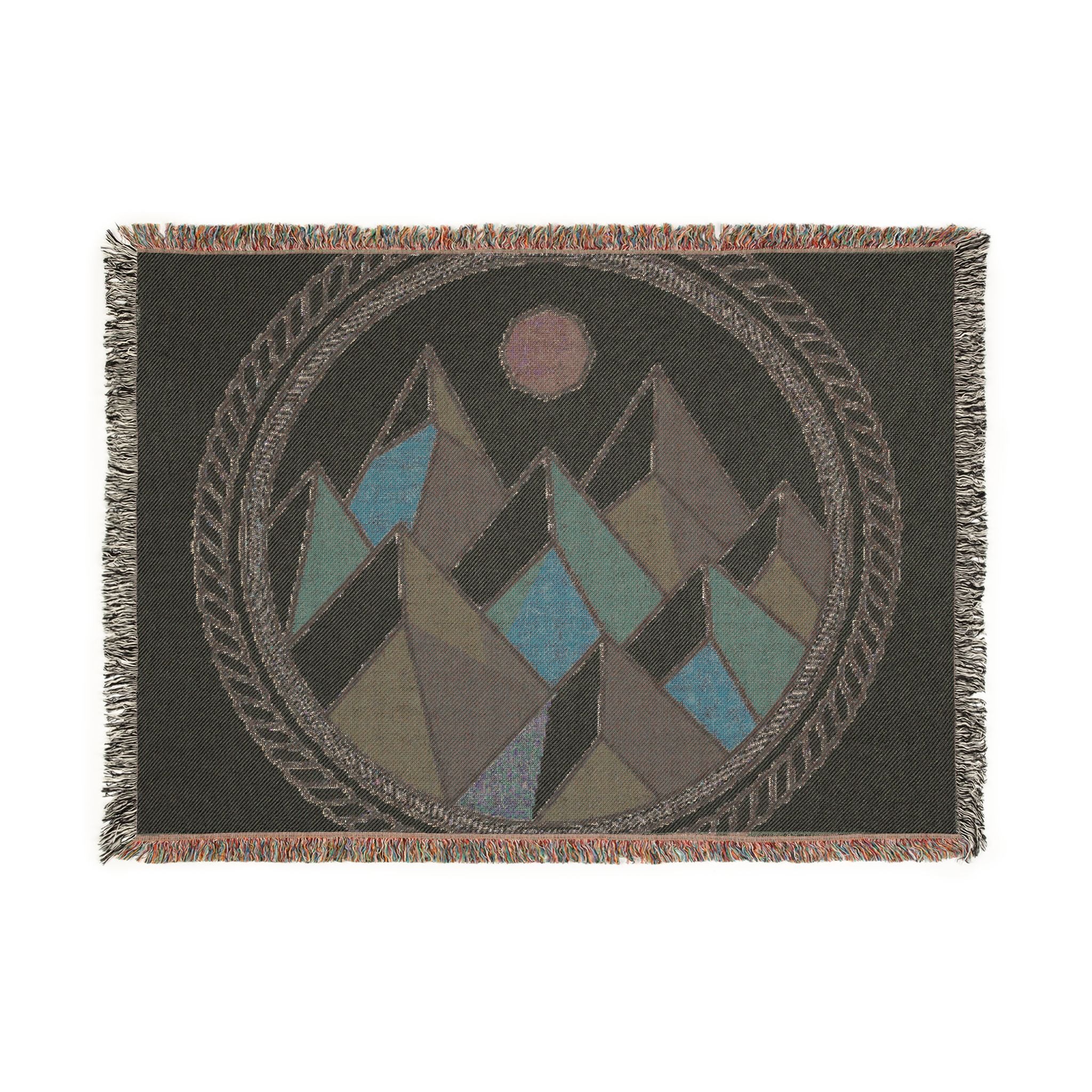 Geometric Mountain Woven Blanket – Boho Cabin Throw with Circular Rope Frame