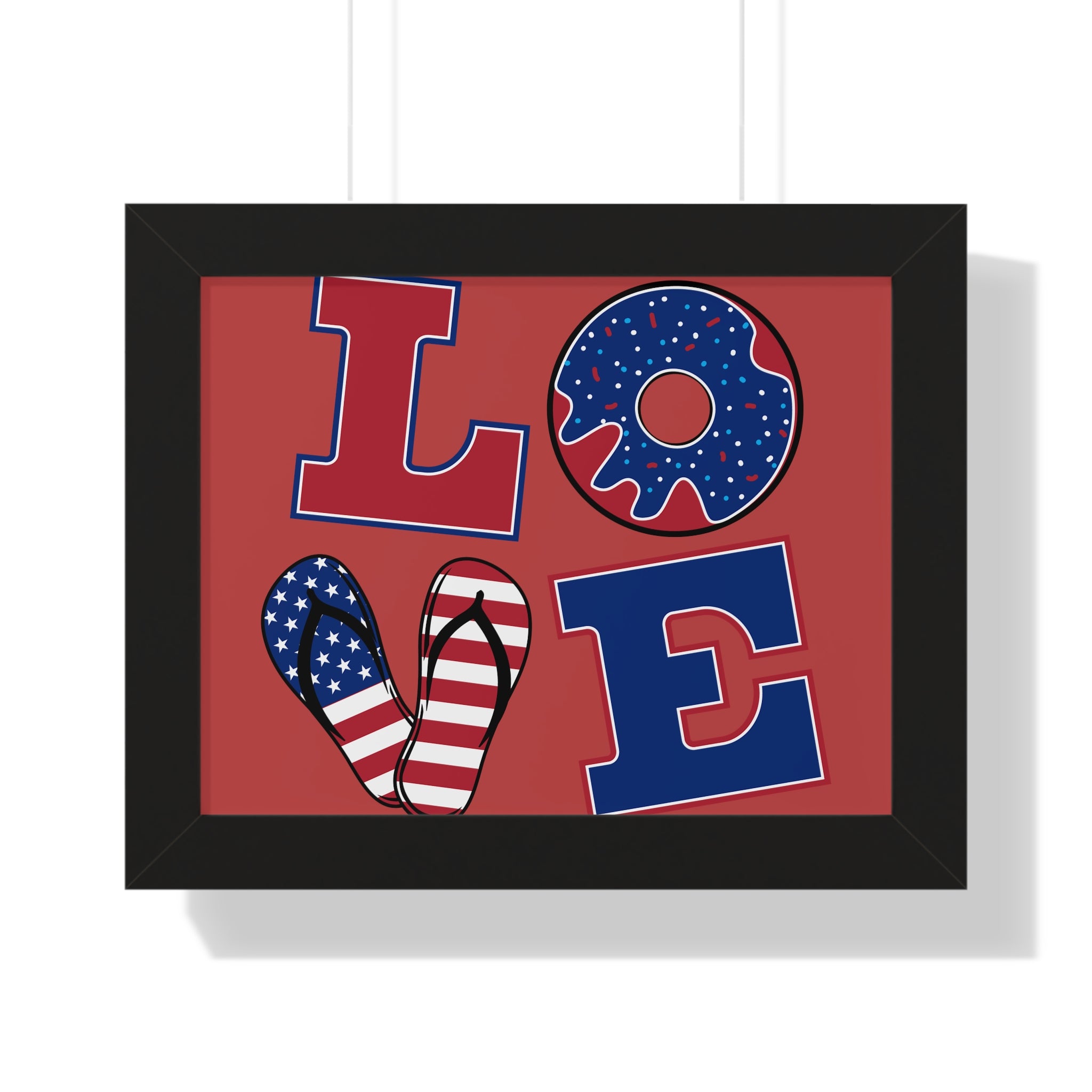 Patriotic LOVE Framed Poster – Americana Flag Flip-Flop & Donut Wall Art